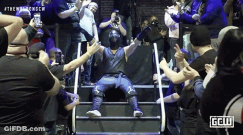 Wrestler Standing On Stairs Surrounded By Fans GIF