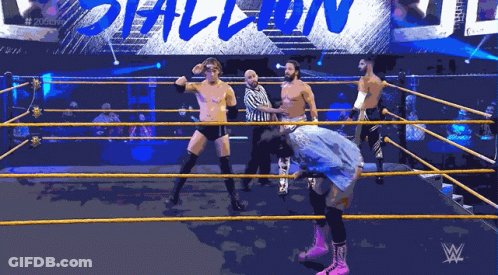 Wrestlers In A Ring With A Sign That Says # 205 Live GIF