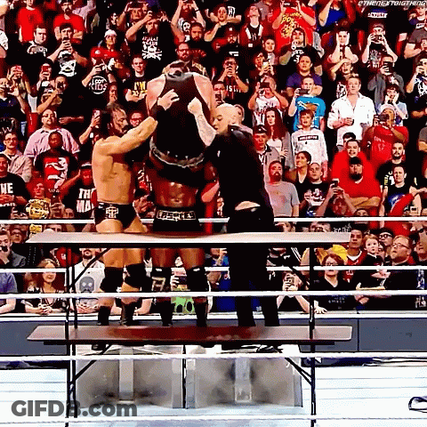 Wrestlers Standing On Table As Crowd Watches GIF
