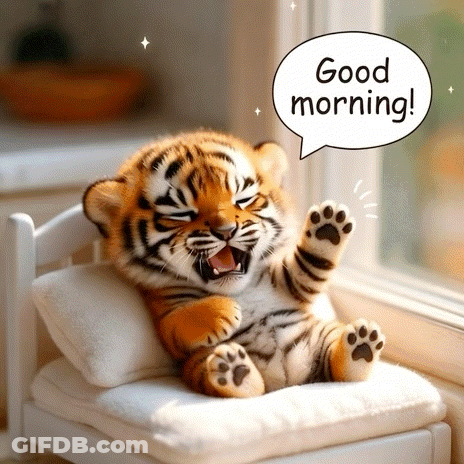 Yawning Tiger Cub With Good Morning Speech GIF
