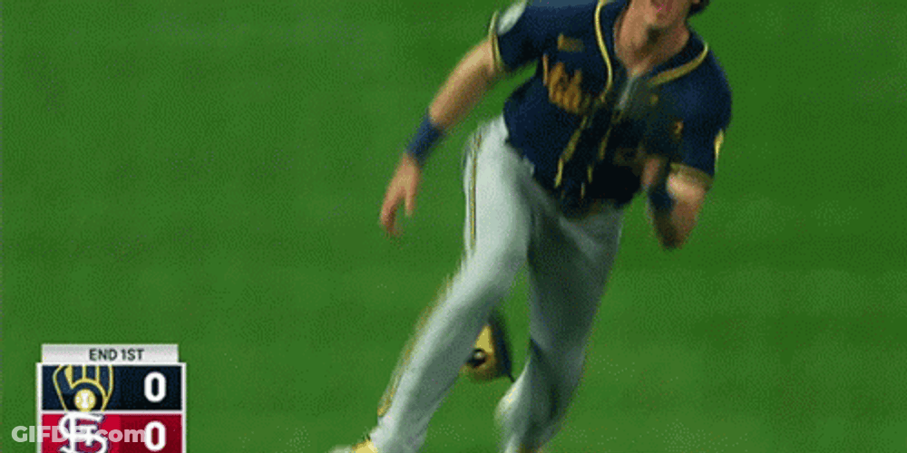 Yelich Catches Ball And Falls On Field GIF
