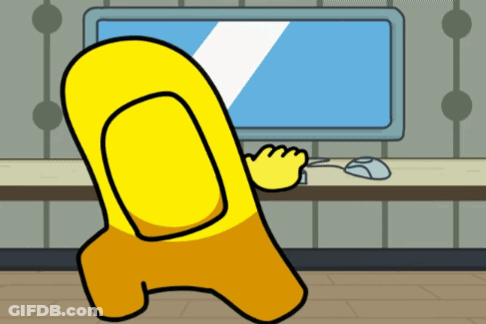Yellow Among Us Character At Desk With Mouse GIF