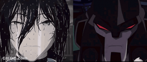 Yellow And Black Robot With Blue Eyes And Transformer Logo GIF