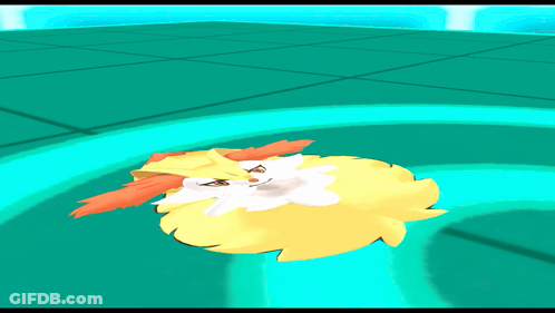 Yellow And Orange Cartoon Character Laying On Green Tile Floor GIF