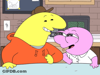 Yellow And Pink Cartoon Characters Talking GIF