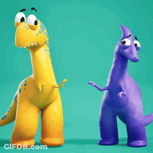Yellow And Purple Dinosaurs Standing Together GIF