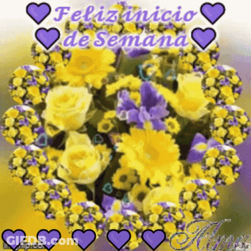 Yellow And Purple Flowers With Purple Hearts Feliz Inicio De Semana GIF