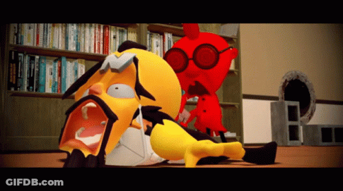 Yellow And Red Cartoon Character Laying On Floor With Mouth Open GIF