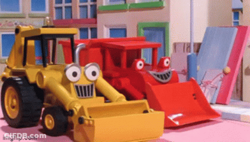 Yellow And Red Toy Bulldozers Side By Side GIF