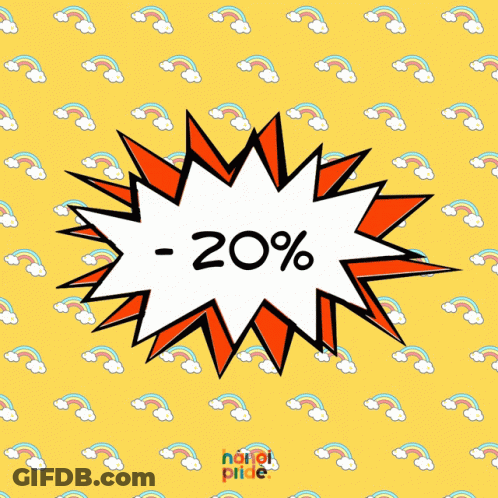 Yellow Background With Rainbows Clouds And -20% Sticker GIF