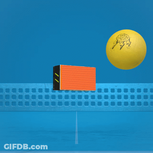 Yellow Ball Flying Over Blue Ping Pong Net GIF
