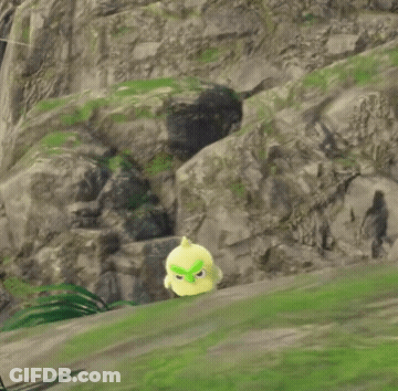 Yellow Bird With Green Eyes On Grassy Hill GIF