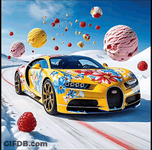 Yellow Bugatti Car With Flowers Painted On Side GIF