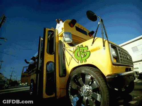 Yellow Bus With Green Dollar Sign GIF
