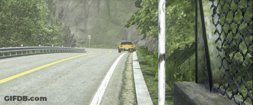 Yellow Car Driving Down Road With Trees GIF