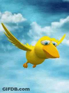 Yellow Cartoon Bird With Blue Eyes Flying GIF