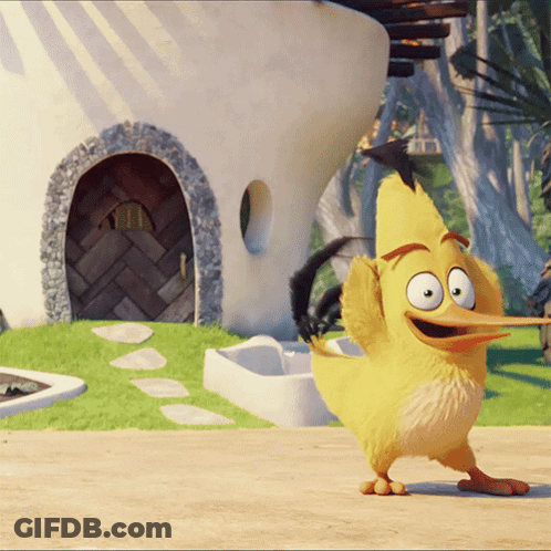 Yellow Cartoon Bird With Long Beak Standing In Front Of House GIF