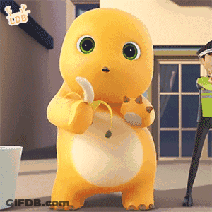 Yellow Cartoon Character Eating Banana, Police Officer Behind GIF