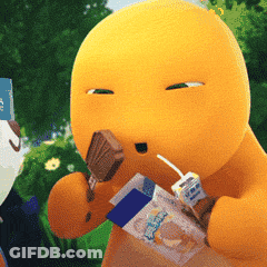 Yellow Cartoon Character Eating Chocolate Bar And Drinking Milk Carton GIF