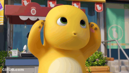Yellow Cartoon Character In Front Of Chicken Store GIF