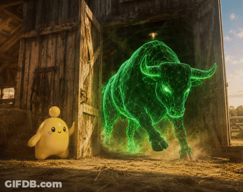 Yellow Cartoon Character Next To Green Bull In Barn GIF
