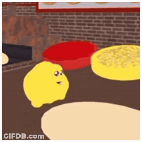 Yellow Cartoon Character Next To Red Bowl GIF