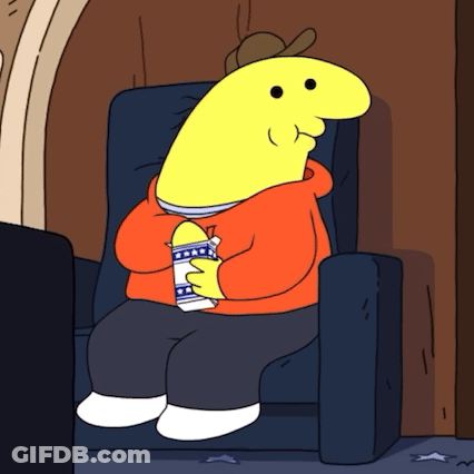 Yellow Cartoon Character Sitting In Chair Holding Bottle GIF