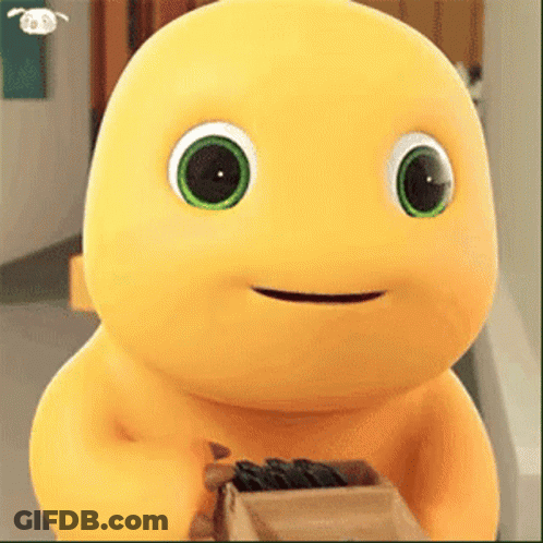 Yellow Cartoon Character Smiling Holding Box Of Nuts GIF