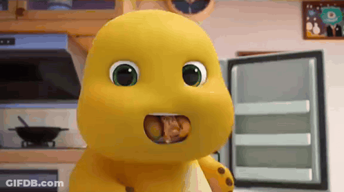 Yellow Cartoon Character Standing In Front Of Open Fridge GIF