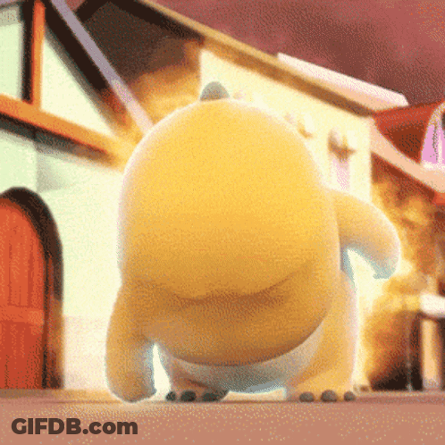 Yellow Cartoon Character Walking Down Street GIF