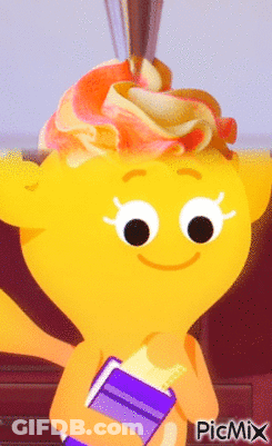 Yellow Cartoon Character With Book And Cupcake On Head GIF