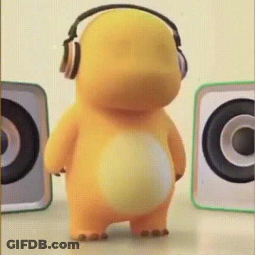 Yellow Cartoon Character With Headphones Next To Speakers GIF