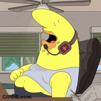 Yellow Cartoon Character With Headset And Red Button GIF