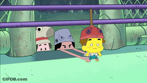 Yellow Cartoon Character With Plunger On Head In Wrestling Ring GIF