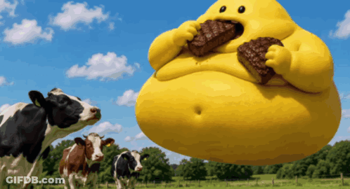 Yellow Cartoon Eating Meat While Two Cows Look On GIF