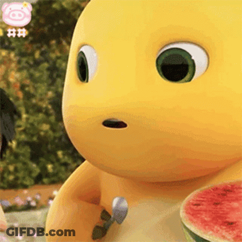 Yellow Cartoon Holding Spoon And Watermelon GIF