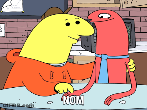 Yellow Cartoon Hugging Red Character Saying Nom GIF