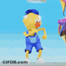 Yellow Cartoon In Blue Overalls Dancing GIF