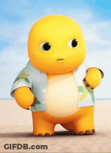 Yellow Cartoon In Blue Shirt With Palm Trees GIF