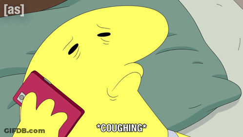 Yellow Cartoon Laying On Bed Holding Cell Phone Coughing GIF