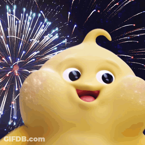 Yellow Cartoon Smiling In Front Of Fireworks GIF