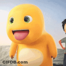 Yellow Cartoon Sticking Out Tongue Next To Boy GIF