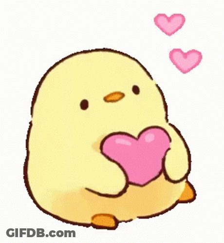 Yellow Chicken Holding Pink Heart With Two Pink Hearts GIF