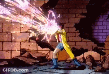 Yellow Coated Cartoon Throws Purple Lightning Bolt GIF