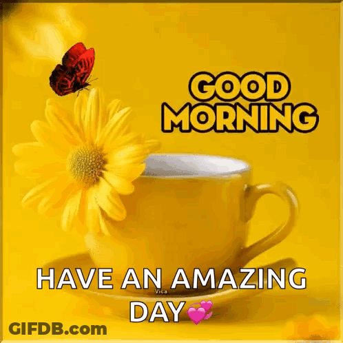 Yellow Coffee Cup With Flower And Butterfly GIF