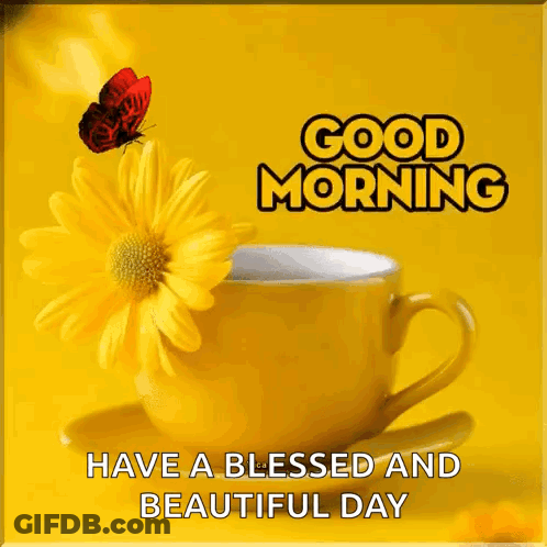 Yellow Coffee Cup With Flower And Butterfly GIF