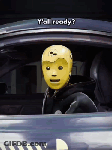 Yellow Crash Test Dummy Sitting In Car Saying Y'all Ready GIF