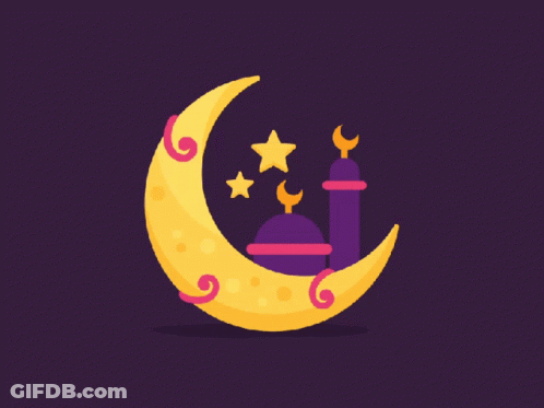 Yellow Crescent Moon Two Stars GIF