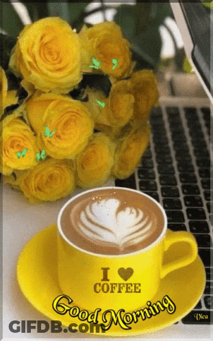 Yellow Cup Of Coffee Says I Love Coffee GIF