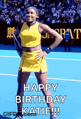 Yellow Dress Woman Tennis Racquet Happy Birthday Katie GIF